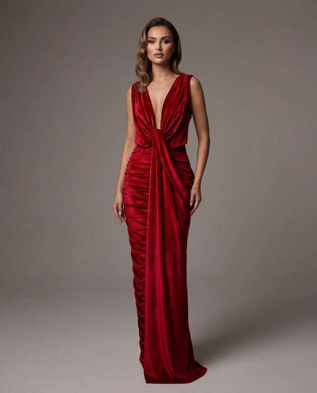 Red Velvet Draped Evening Gown - Image 1