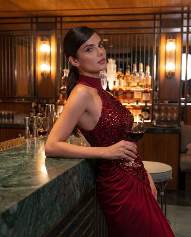 Burgundy Sequin and Satin Evening Gown - Image 1