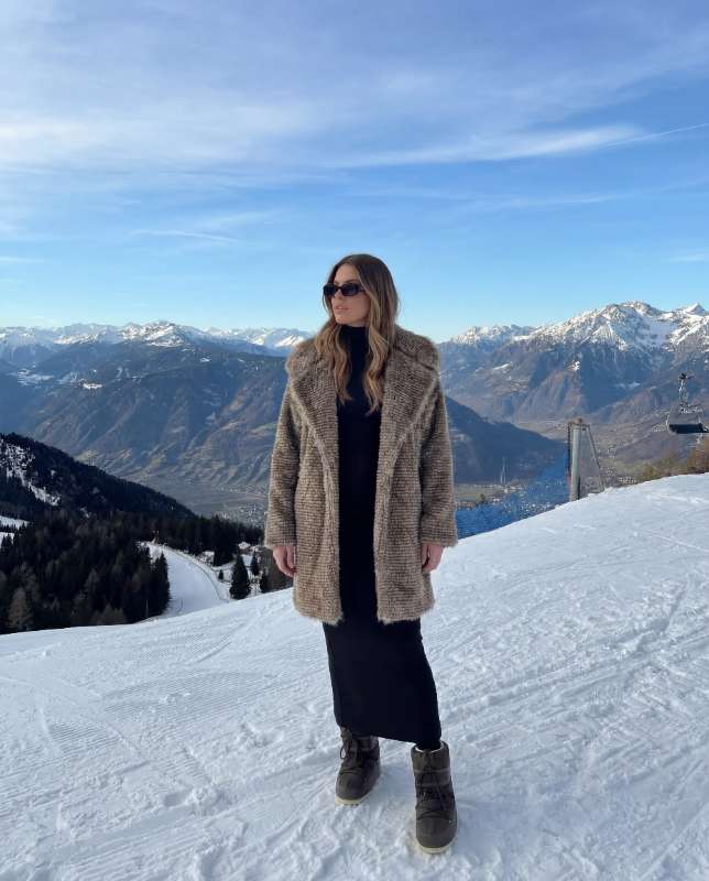 Faux Fur Coat with Black Knit Dress and Snow Boots - Image 1