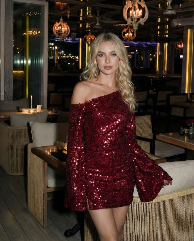 Off-Shoulder Red Sequin Dress with Bell Sleeves - Image 1
