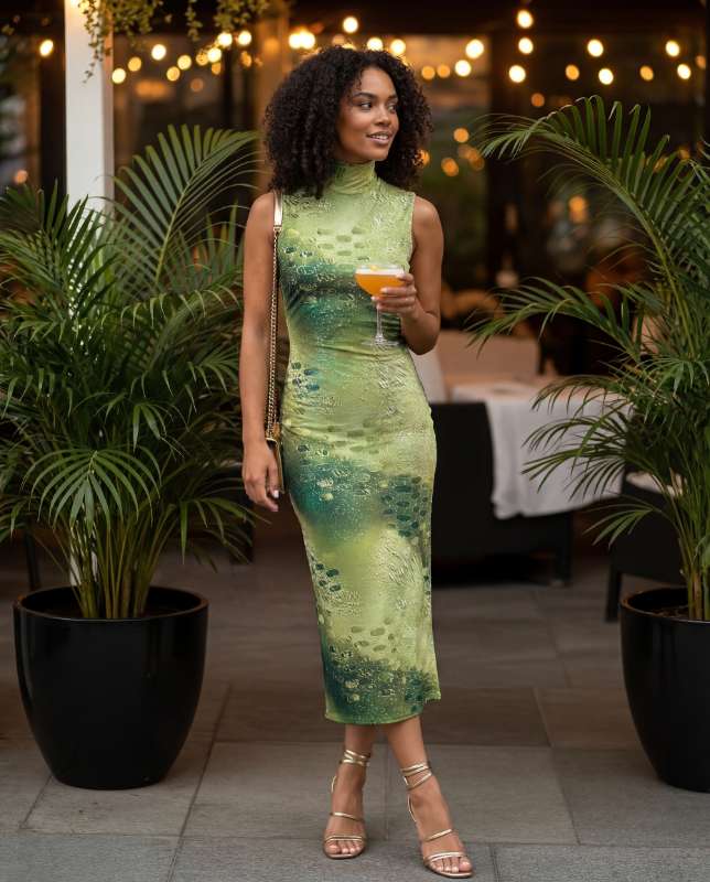 Green Snakeskin Print Midi Dress with High Neck - Image 1