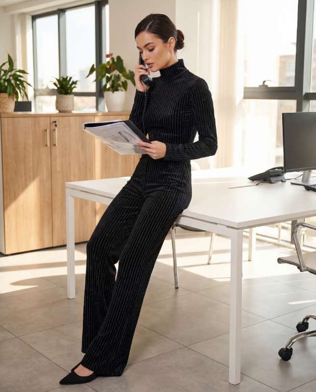 Black Velvet Striped Jumpsuit - Image 1