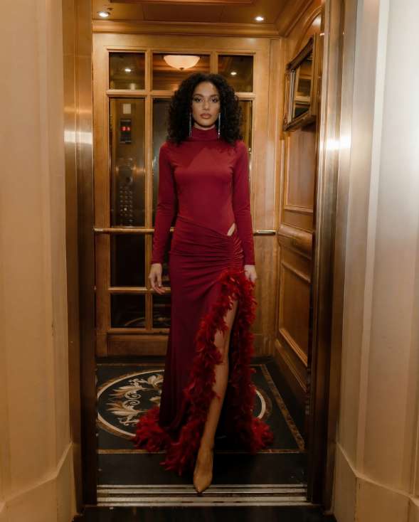 Burgundy Feather-Trimmed Ruched Evening Gown - Image 1