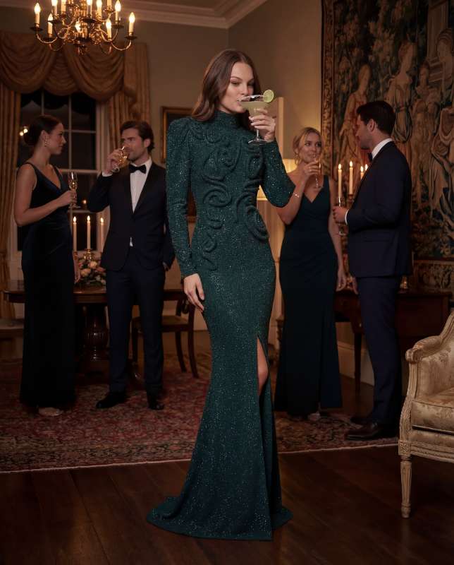 Emerald Green Glitter Dress with High Neck and Slit - Image 1